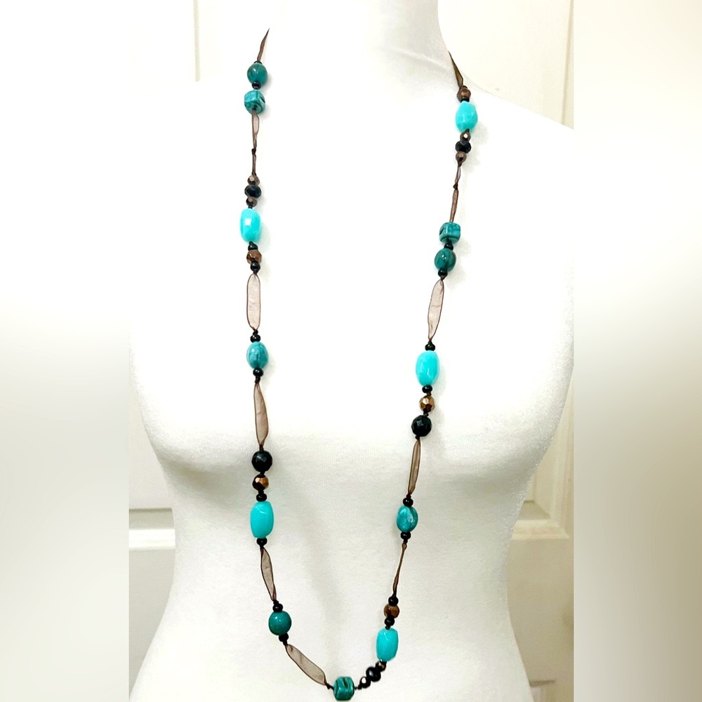 Cookie Lee Necklace Faux Turquoise  Beaded Organza Ribbon Signed 36" Long
